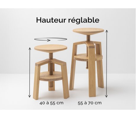 Deux tabourets à vis bois en chêne massif - Clock hauteur réglable 40 à 55 et 55 à 70 cm