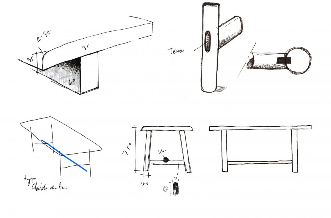 Croquis de la table en bois et métal Ostal par Pierre Dubourg Croquis de la table en bois et métal Ostal par Pierre Dubourg